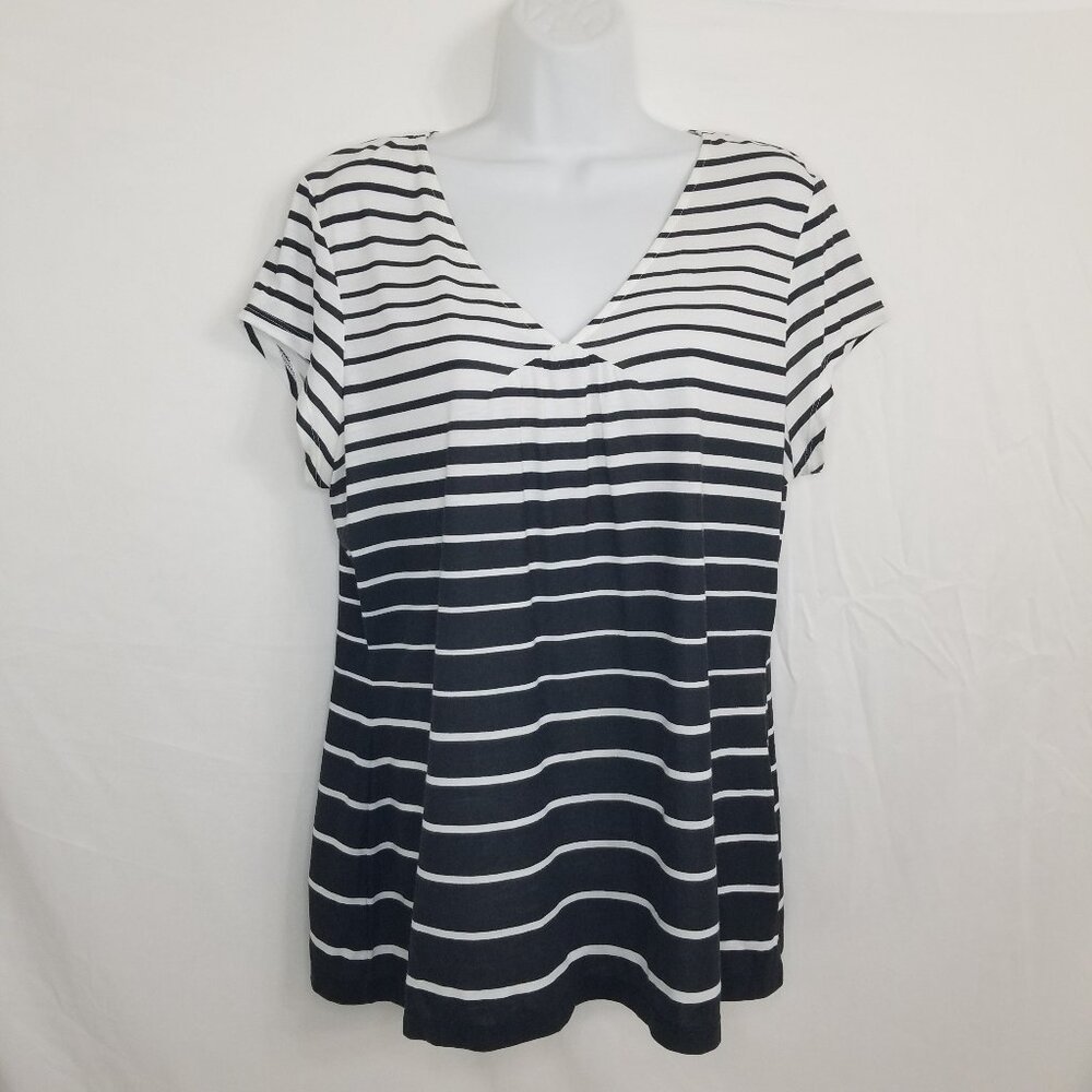 Liz & Co Womens XL Black White Striped V-Neck Cap Sleeve Shirt Top Pull-Over